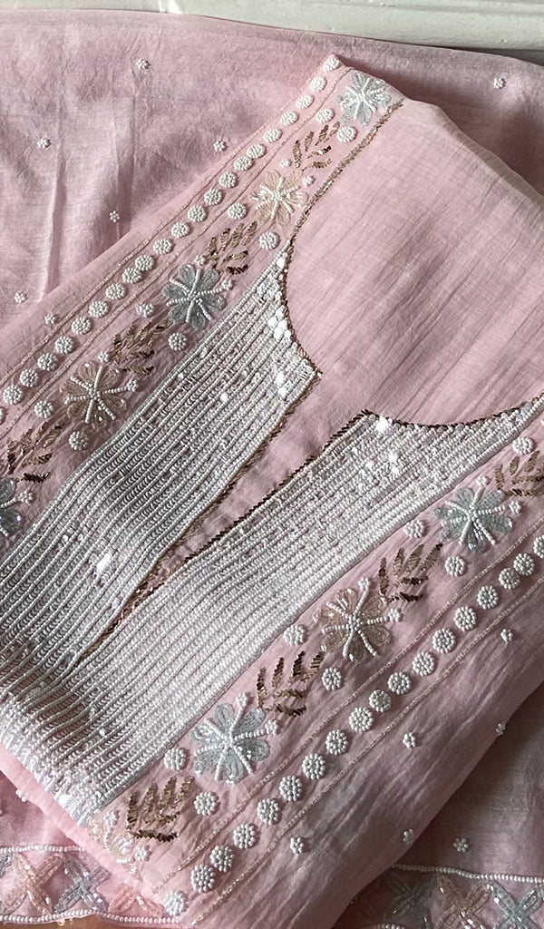 Women's Lakhnavi Handcrafted Mul Chanderi Unstitched Chikankari Full Suit Material - HONC0344644