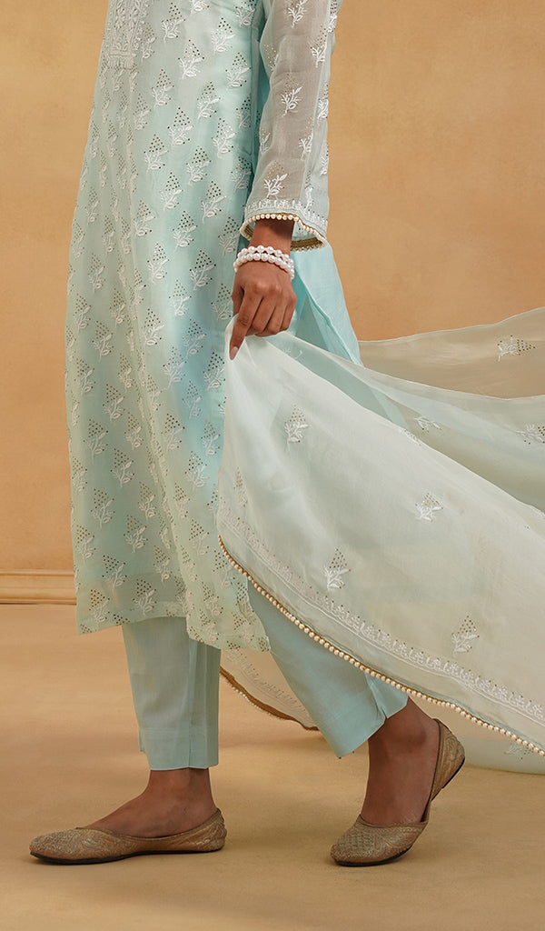 Women's Lucknowi Handcrafted Pure Organza Silk Stitched Chikankari Kurta, Dupatta With Pant Set- HONC0543190