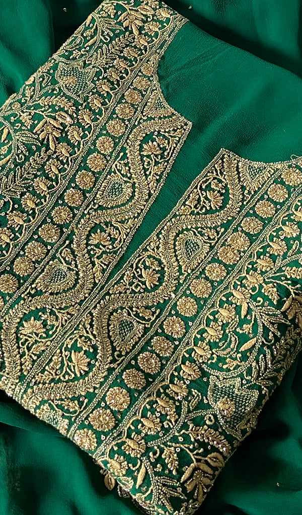 Women's Lakhnavi Handcrafted Pure Silk Georgette Chikankari Kurta And Dupatta Set - HONC0346863