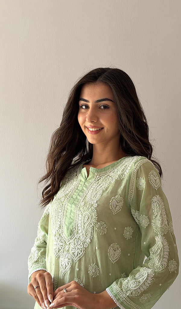 Women's Lucknowi Handcrafted Mul Chanderi Stitched Chikankari Kurta And Plazzo Set- HONC0378791