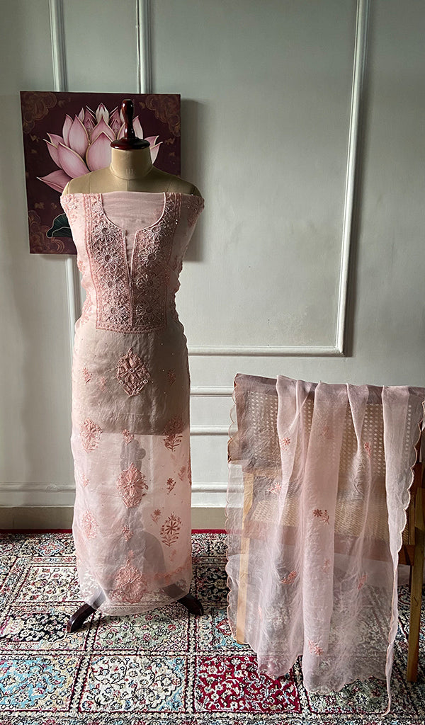 Women's Lakhnavi Handcrafted Pure Organza Chikankari Unstitched Kurta And Dupatta Set- HONC0340871