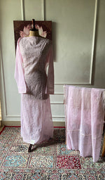 Load image into Gallery viewer, Women's Lucknowi Handcrafted Mul Chanderi Semi - stitched Chikankari Full Set - HONC0296118