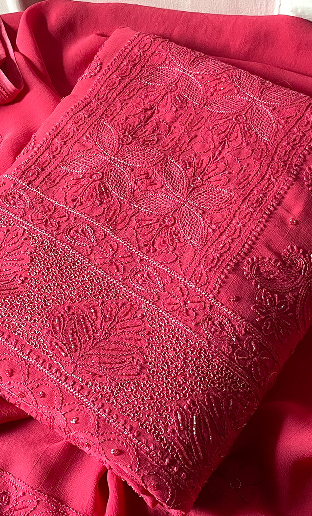 Women's Lakhnavi Handcrafted Viscose Georgette Chikankari Full Suit Material - HONC0299911