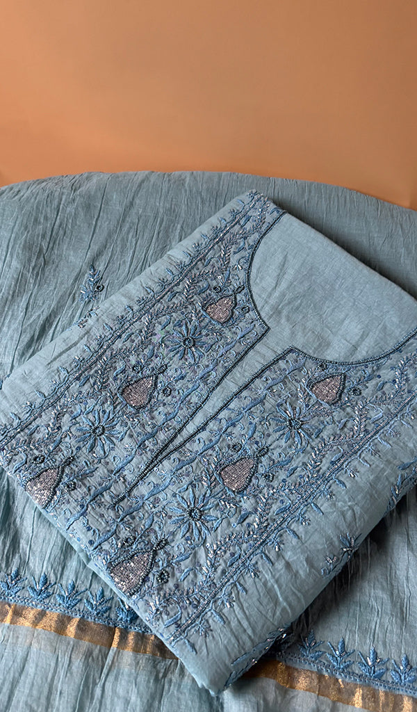 Women's Lakhnavi Handcrafted Mul Chanderi Unstitched Chikankari Full Suit Material - HONC0367213