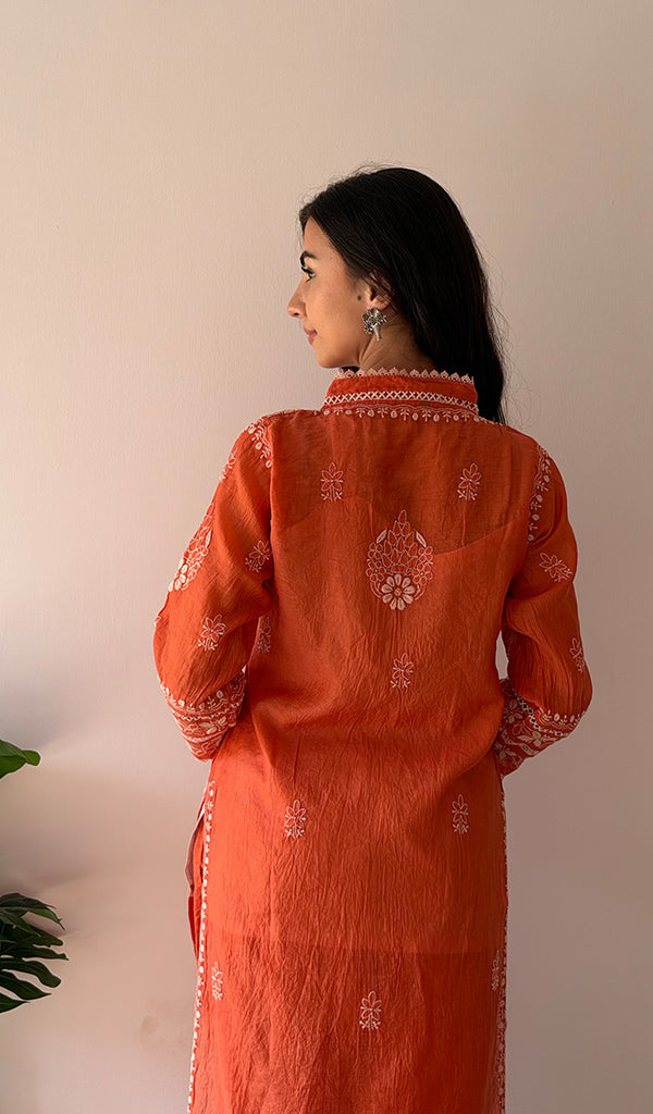 Women's Lucknowi Handcrafted Mul Chanderi Stitched Chikankari Kurta And Plazzo Set- HONC0378824
