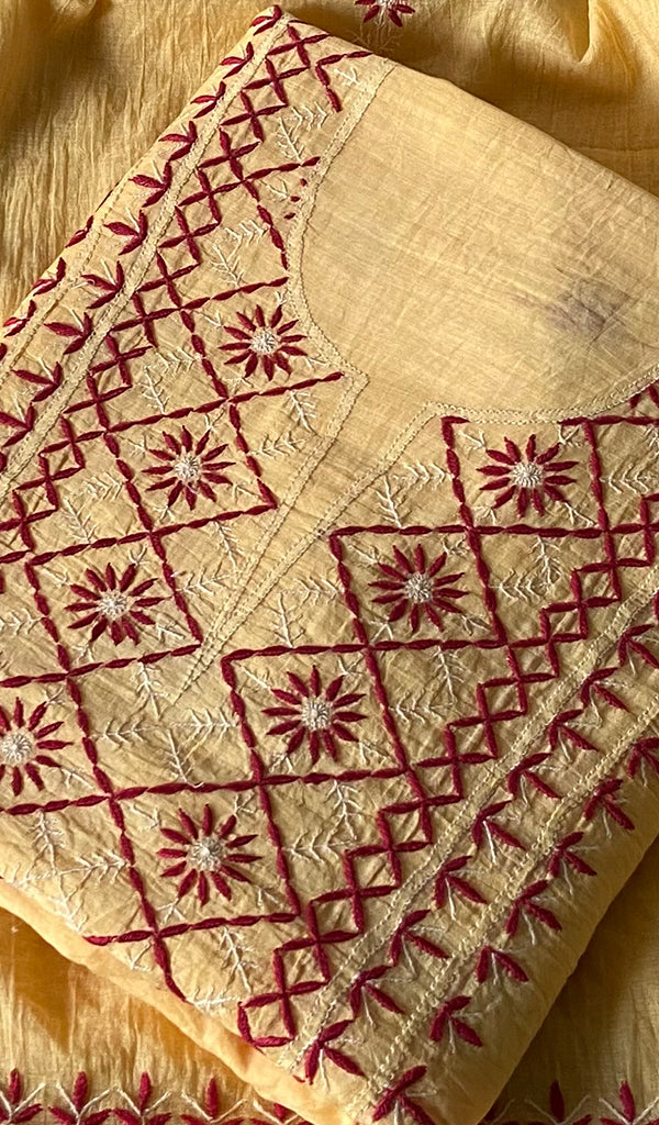 Women's Lakhnavi Handcrafted Chanderi Silk Unstitched Chikankari Full Suit - HONC0369251