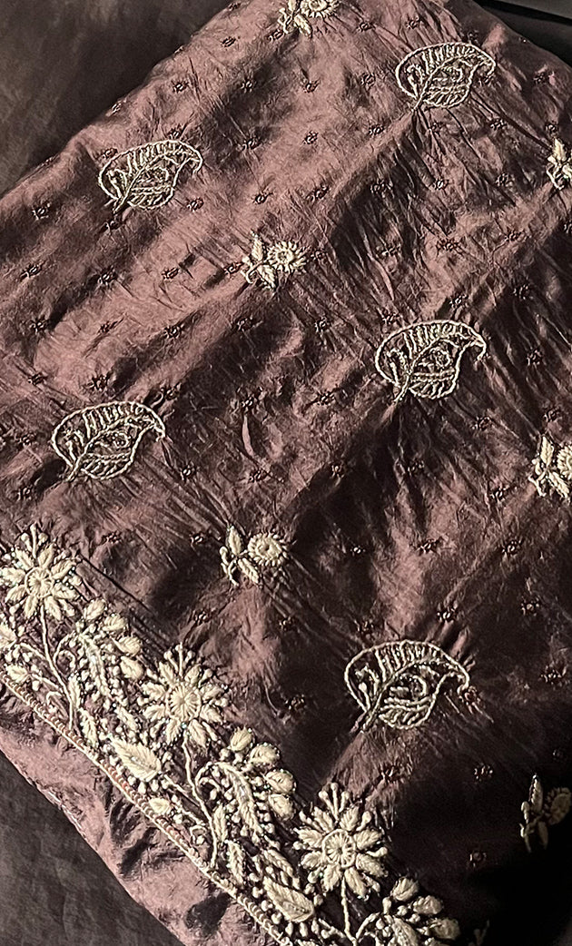 Women's Lakhnavi Handcrafted Pure Silk Chikankari Unstitched Kurta And Dupatta Set- HONC0251028