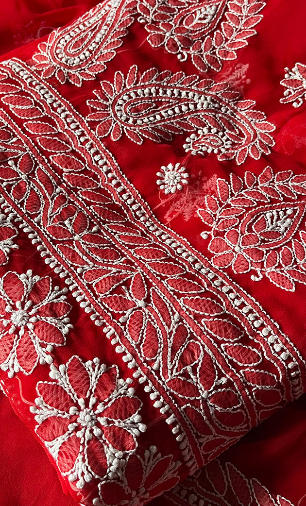 Women's Lakhnavi Handcrafted Unstitched Faux-Georgette Chikankari Suit Material - HONC0311928