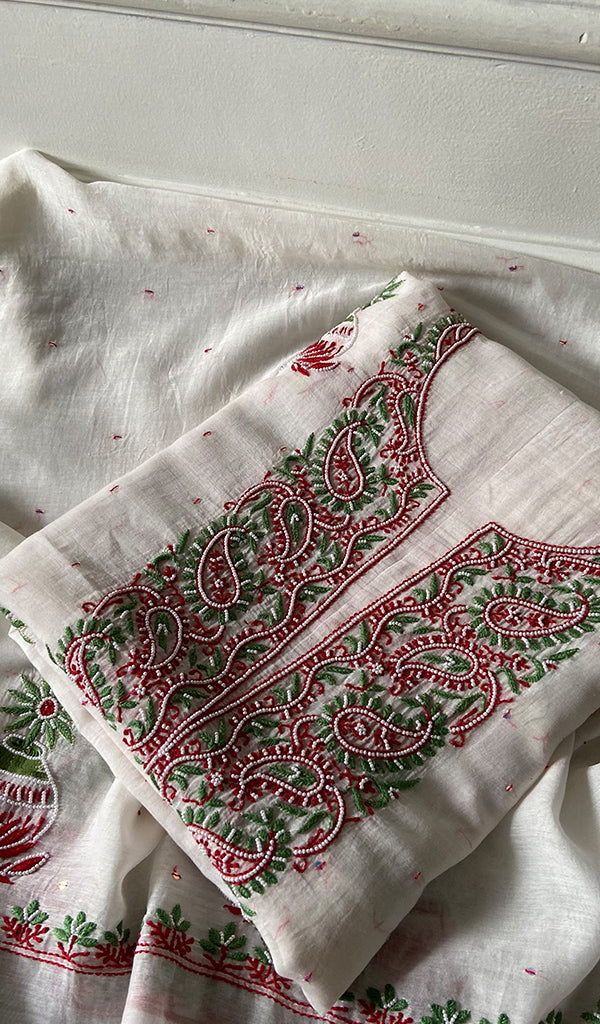 Madiha  Women's Lakhnavi Handcrafted Mul Chanderi Unstitched Kurta And Dupatta Set - HONC0368718
