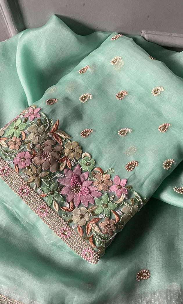 Women's Lakhnavi Handcrafted Pure Organza Silk Chikankari Unstitched Full Suit Material - HONC0267229
