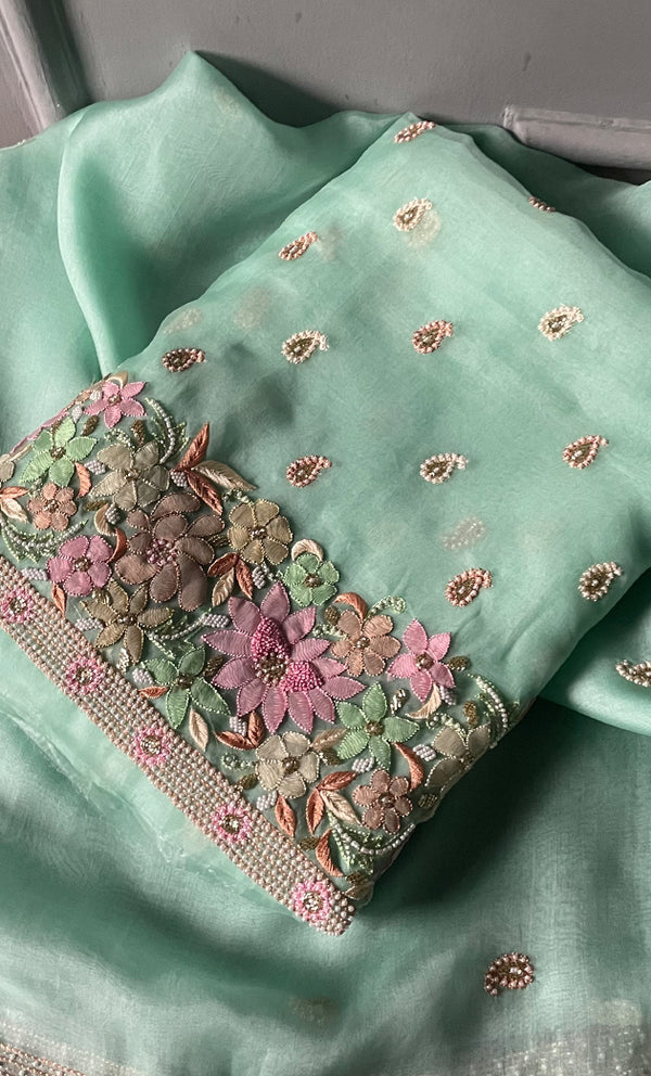 Women's Lakhnavi Handcrafted Pure Organza Silk Chikankari Unstitched Full Suit Material - HONC0267229