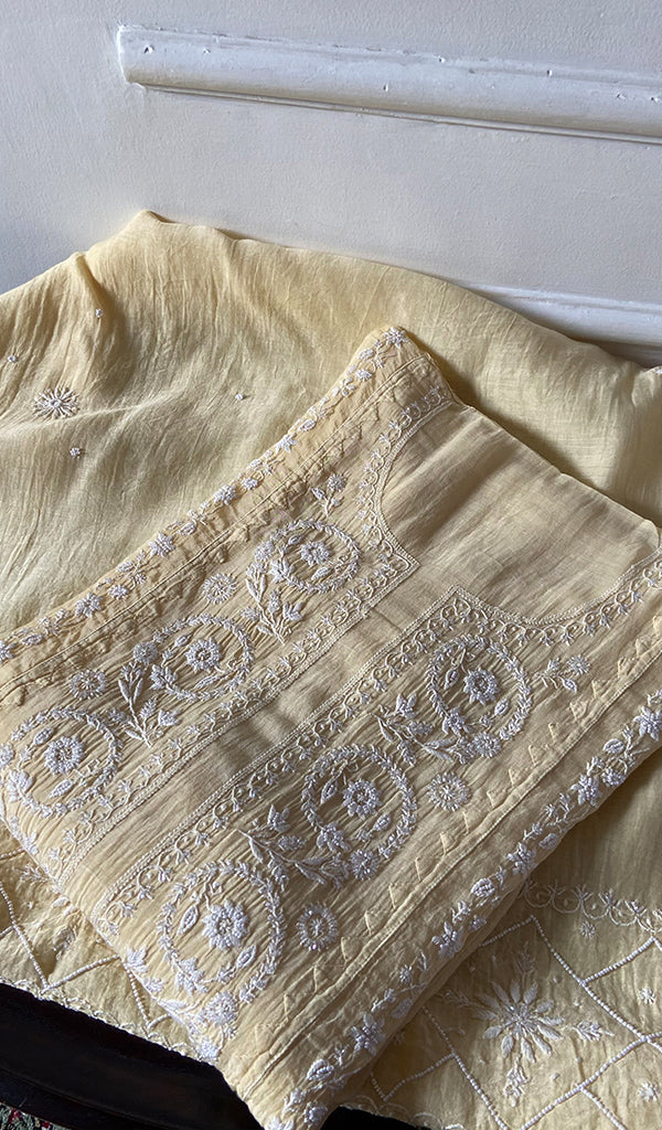 Women's Lakhnavi Handcrafted Mul Chanderi Semi - stitched Chikankari Full Suit Material - HONC0360094