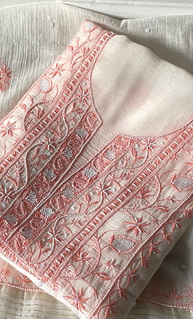 Women's Lakhnavi Handcrafted Unstitched Mul Chanderi Kurta And Dupatta Set - HONC0327490