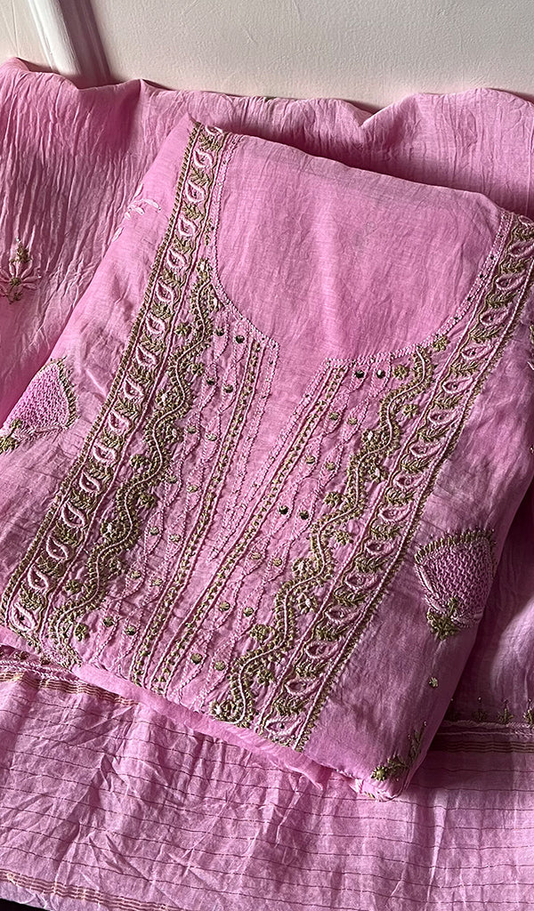 Women's Lakhnavi Handcrafted Mul Chanderi Unstitched Kurta And Dupatta Set - HONC0254132