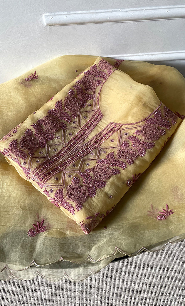 Women's Lakhnavi Handcrafted Pure Organza Chikankari Unstitched Kurta And Dupatta Set- HONC0318666