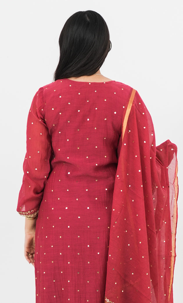 Shanaya Women's Lakhnavi Handcrafted Mul Chanderi Chikankari Stitched Kurta, Dupatta And Pant Set - HONC0322416