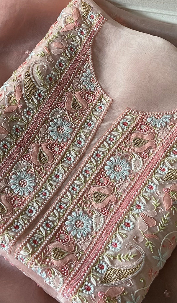 Women's Lakhnavi Handcrafted Pure Organza Chikankari Unstitched Kurta And Dupatta Set- HONC0360919