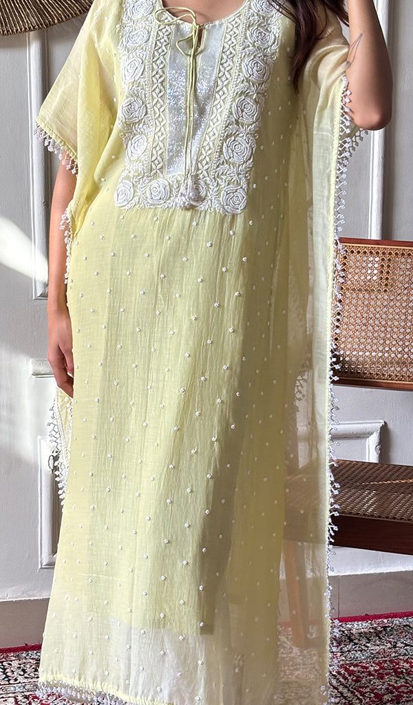 Women's Lucknowi Handcrafted Mul chanderi Chikankari Kaftan - HONC0164615