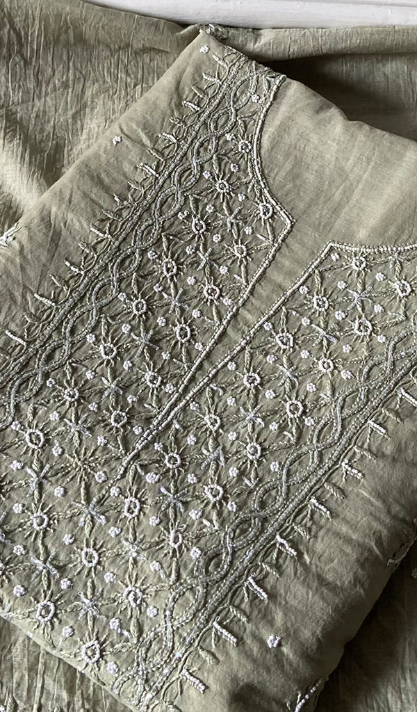Women's Lakhnavi Handcrafted Chanderi Silk Unstitched Chikankari Full Suit - HONC0354638