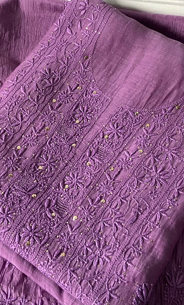 Women's Lakhnavi Handcrafted Mul Chanderi Unstitched Chikankari Full Suit Material - HONC0324495