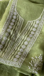 Load image into Gallery viewer, Women's Lakhnavi Handcrafted Pure Organza Chikankari Unstitched Kurta Dupatta Set- HONC0359089
