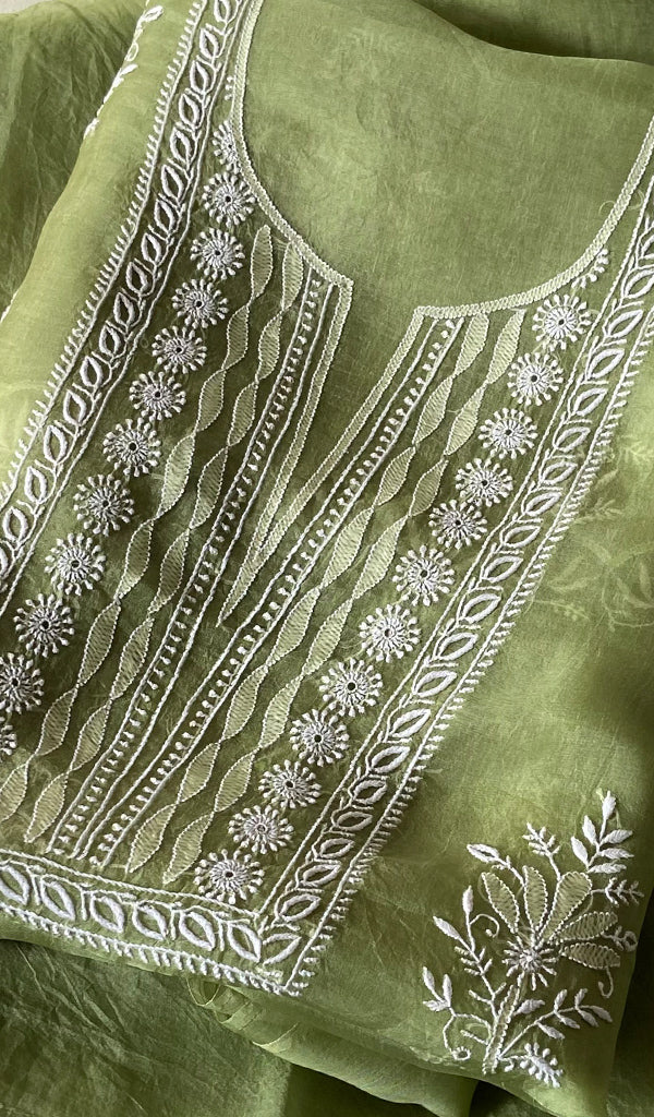Women's Lakhnavi Handcrafted Pure Organza Chikankari Unstitched Kurta Dupatta Set- HONC0359089