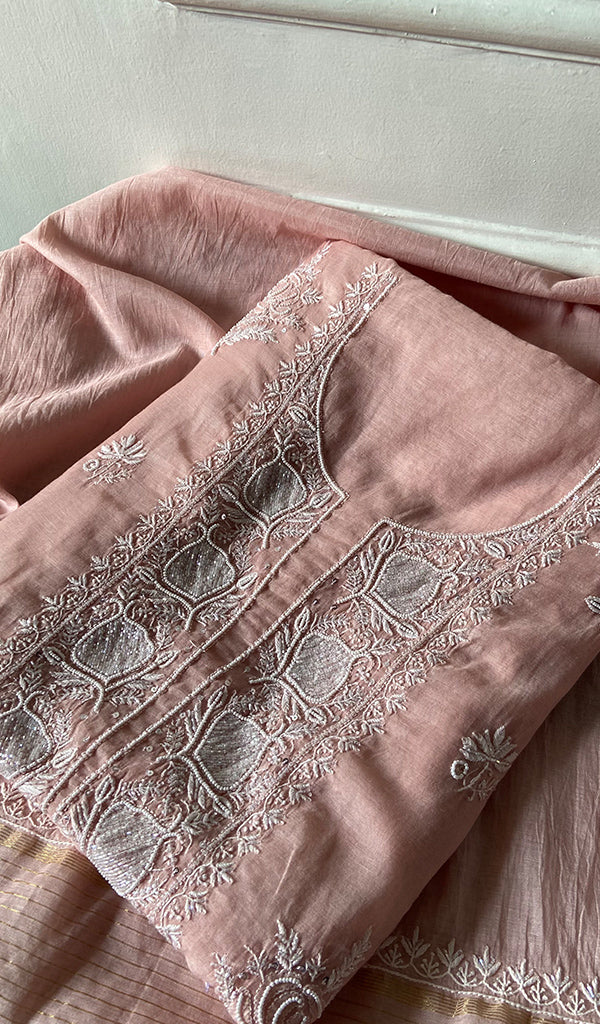 Women's Lakhnavi Handcrafted Mul Chanderi Chikankari Full Suit Material - HONC0334948