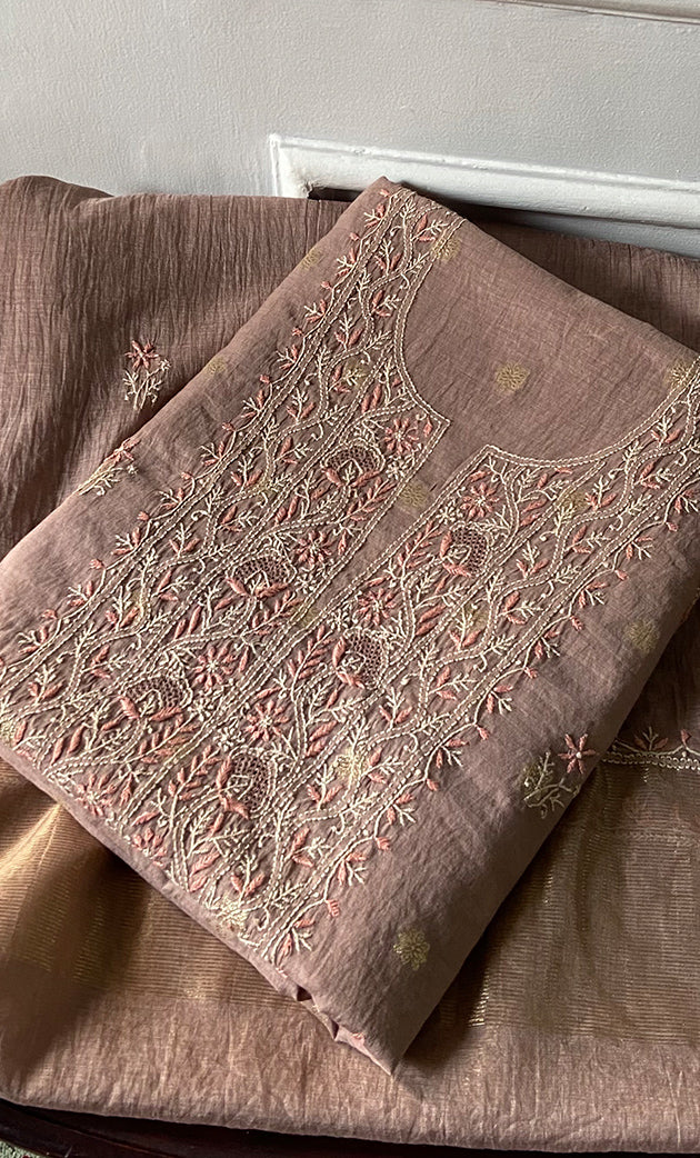 Women's Lakhnavi Handcrafted Mul Chanderi Unstitched Chikankari Full Suit Material - HONC0316857