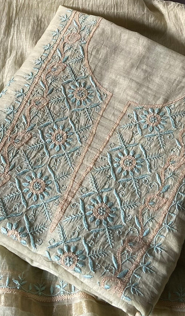 Women's Lakhnavi Handcrafted Mul Chanderi Unstitched Chikankari Full Suit Material - HONC0369243