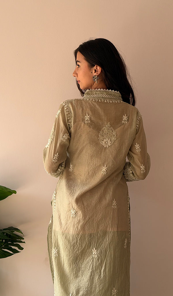 Women's Lucknowi Handcrafted Mul Chanderi Stitched Chikankari Kurta And Plazzo Set- HONC0378820