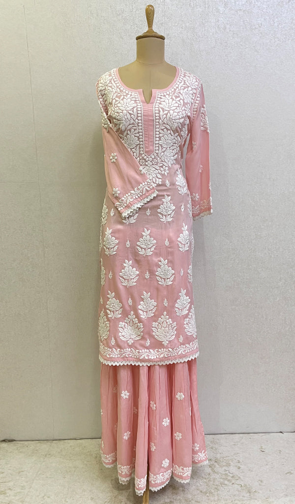 Women's Lakhnavi Handcrafted Modal Cotton Chikankari Kurta And Gharara Set - HONC0148153