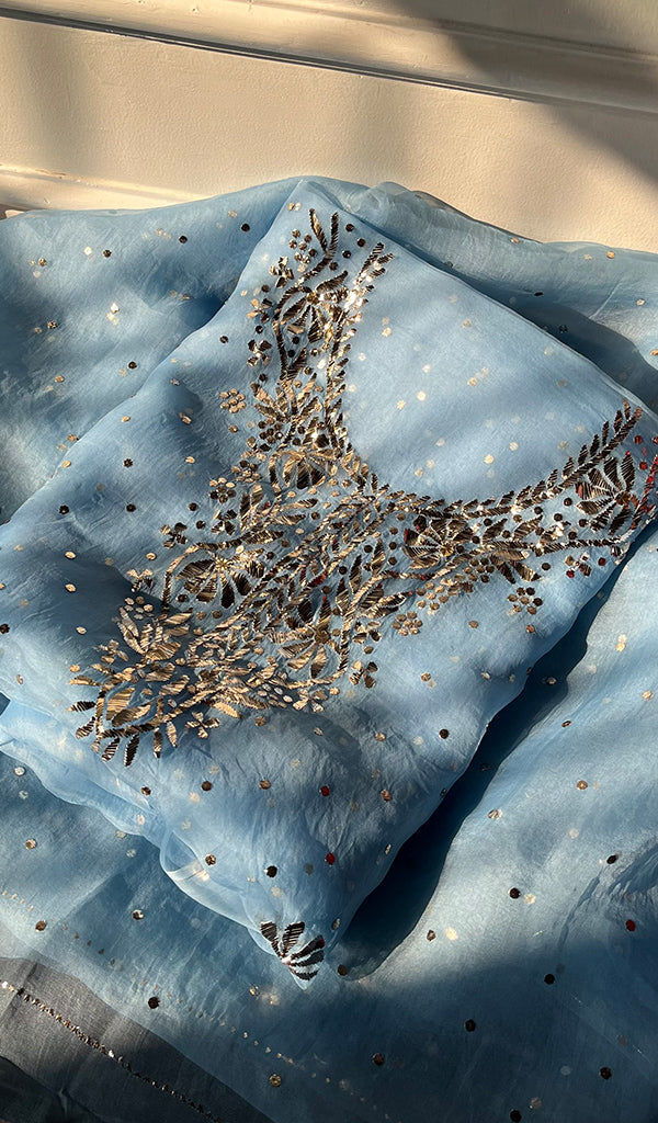 Marifa Women's Lakhnavi Handcrafted Pure Organza Chikankari Unstitched Full Suit Material - HONC0301642