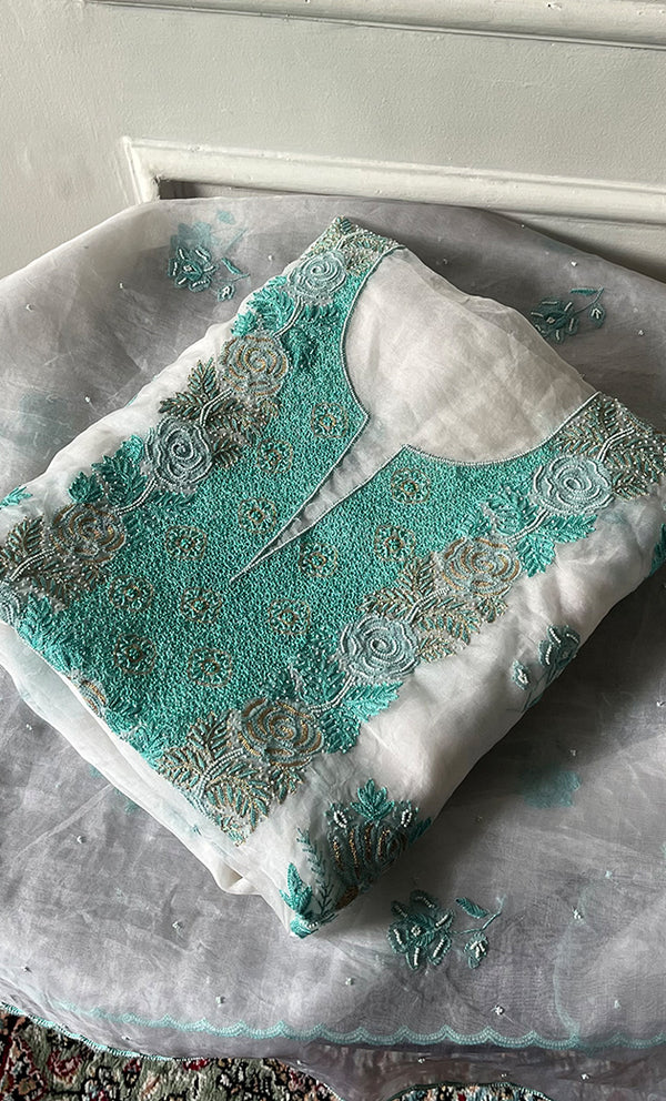 Mehnaj Women's Lakhnavi Handcrafted Pure Organza Chikankari Unstitched Kurta And Dupatta Set- HONC0228643