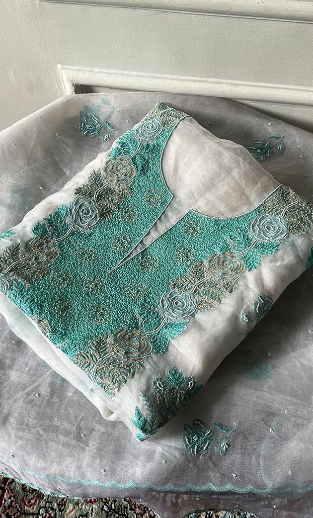 Mehnaj Women's Lakhnavi Handcrafted Pure Organza Chikankari Unstitched Kurta And Dupatta Set- HONC0228643