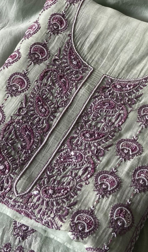 Women's Lakhnavi Handcrafted Unstitched Mul Chanderi Kurta And Dupatta Set - HONC0324066