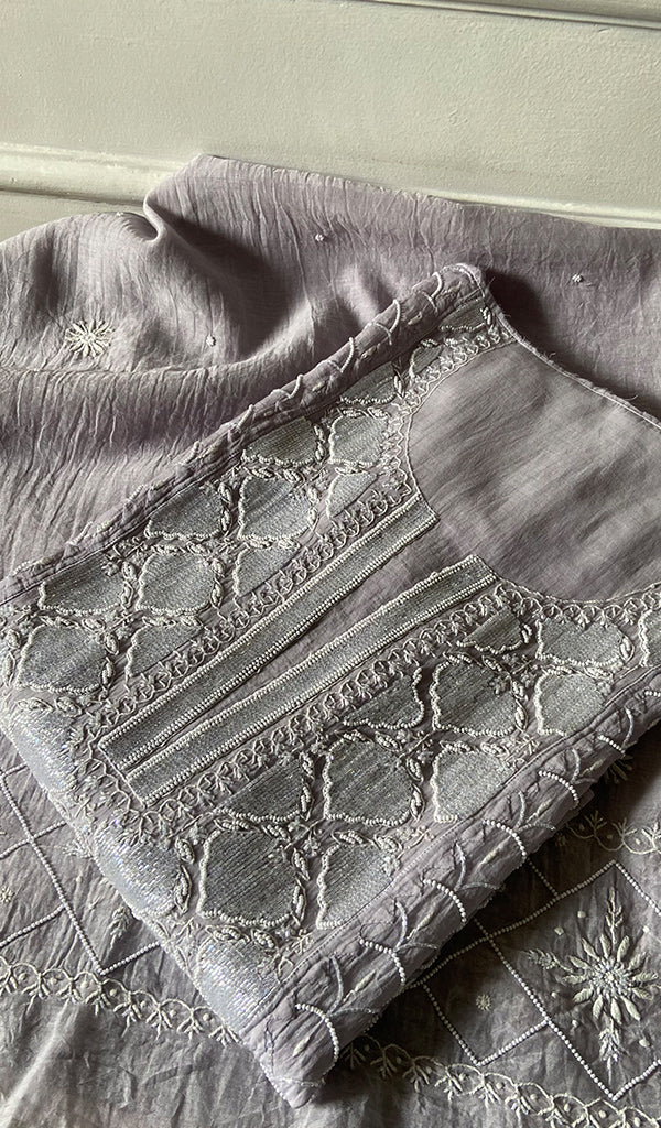 Women's Lakhnavi Handcrafted Mul Chanderi Semi - Stitched Chikankari Full Suit Material - HONC0360113