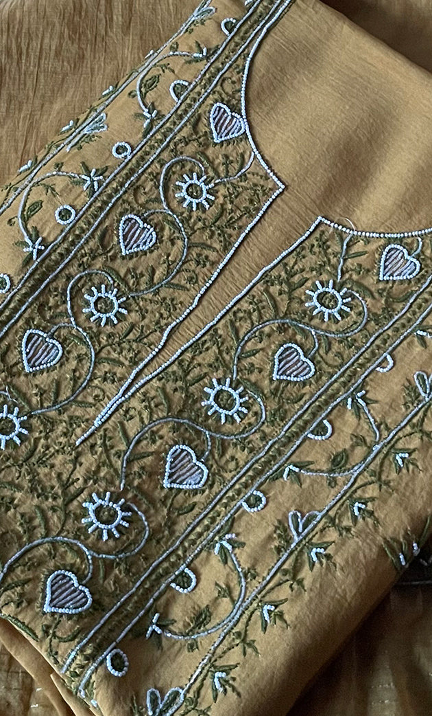 Women's Lakhnavi Handcrafted Mul Chanderi Chikankari Full Suit Material - HONC0307414