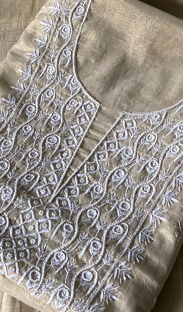 Women's Lakhnavi Handcrafted Tissue Chanderi Unstitched Chikankari Kurta And Dupatta Set - HONC0359998