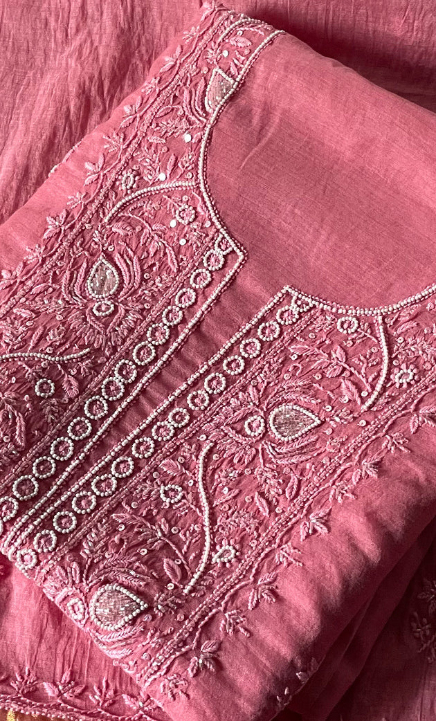 Women's Lakhnavi Handcrafted Mul Chanderi Unstitched Chikankari Full Suit Material - HONC0295753