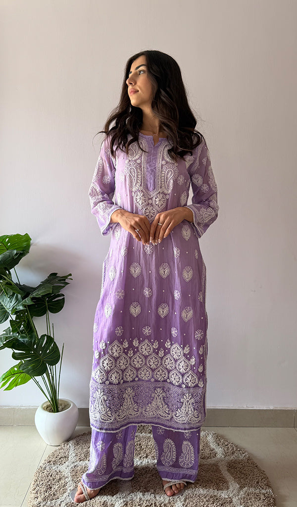 Yamika Women's Lucknowi Handcrafted Mul Chanderi Stitched Chikankari Kurta And Plazzo Set- HONC03790590