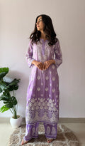 Yamika Women's Lucknowi Handcrafted Mul Chanderi Stitched Chikankari Kurta And Plazzo Set- HONC03790590