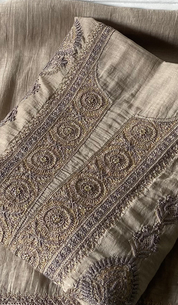 Women's Lakhnavi Handcrafted Mul Chanderi Unstitched Kurta And Dupatta Set- HONC0326150