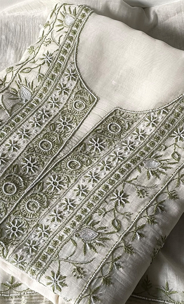 Women's Lakhnavi Handcrafted Unstitched Mul Chanderi Kurta And Dupatta Set - HONC0327487