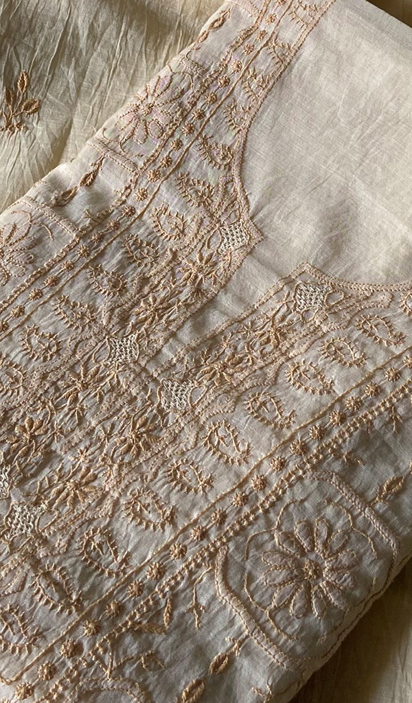 Women's Lucknowi Handcrafted Chanderi Silk Unstitched Chikankari Full Suit Material - HONC0342158