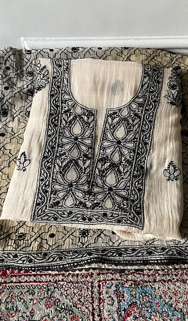 Women's Lakhnavi Handcrafted Mul Chanderi Unstitched Kurta And Dupatta Set - HONC0374249