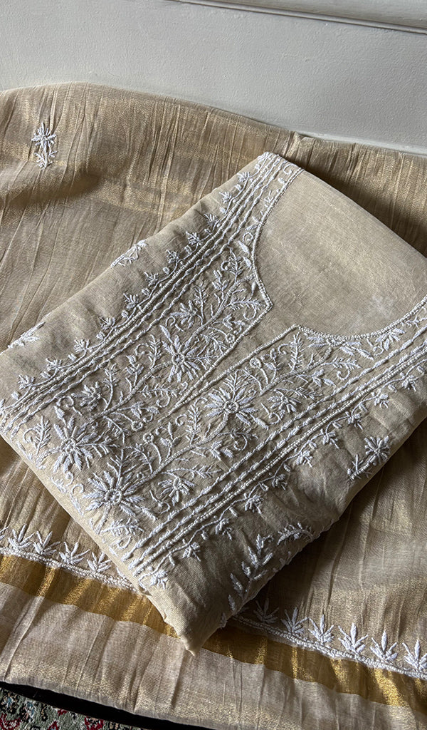 Women's Lakhnavi Handcrafted Tissue Chanderi Unstitched Chikankari Kurta And Dupatta Set - HONC0347706