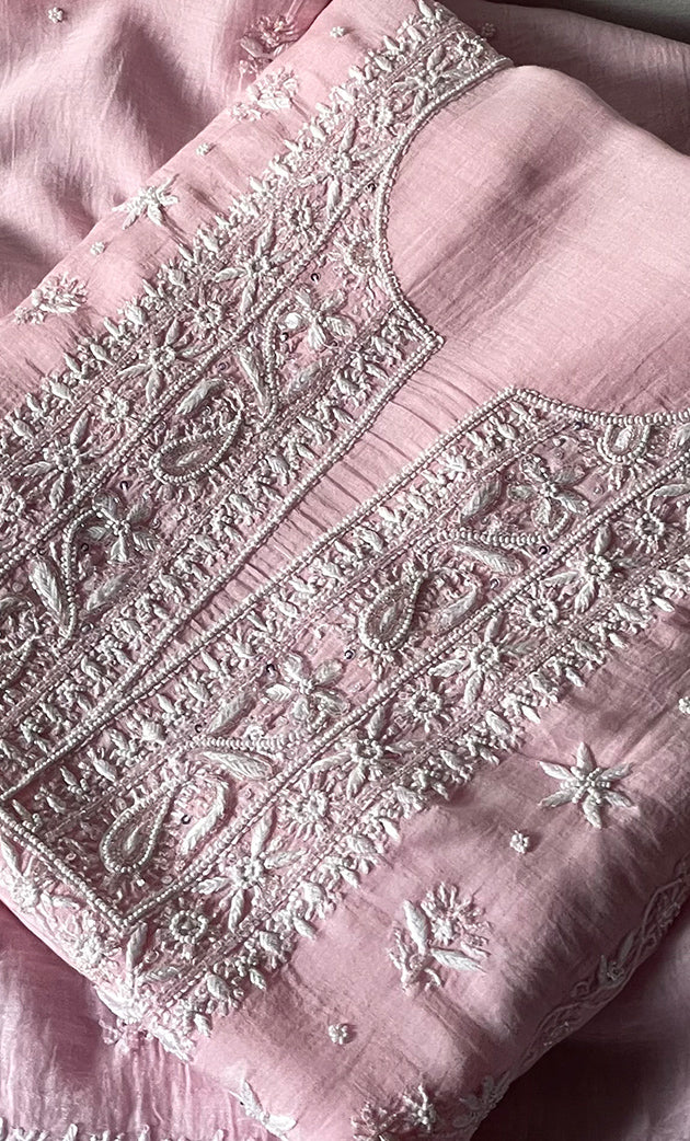 Women's Lakhnavi Handcrafted Unstitched Mul Chanderi Kurta And Dupatta Set - HONC0329039