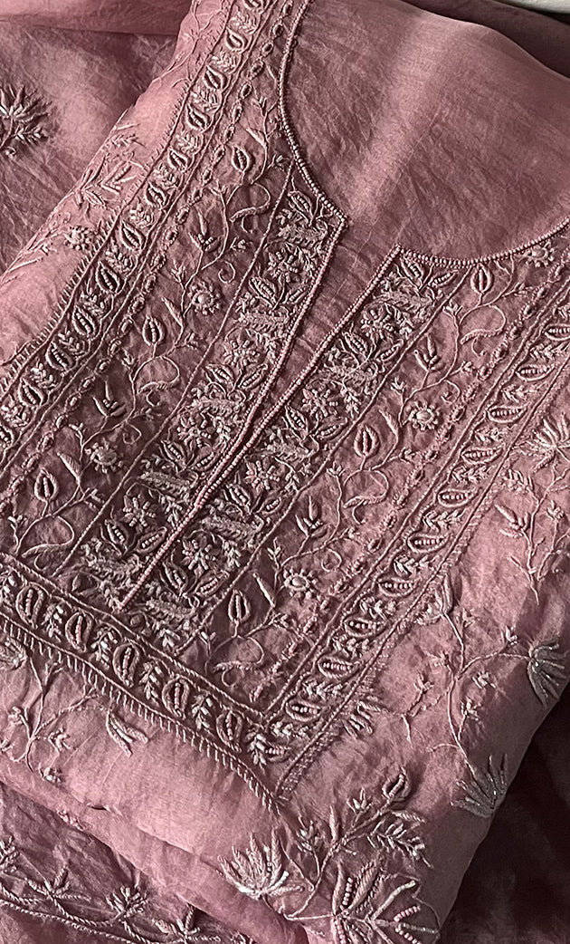 Women's Lakhnavi Handcrafted Pure Organza Chikankari Unstitched Kurta And Dupatta Set- HONC0327851