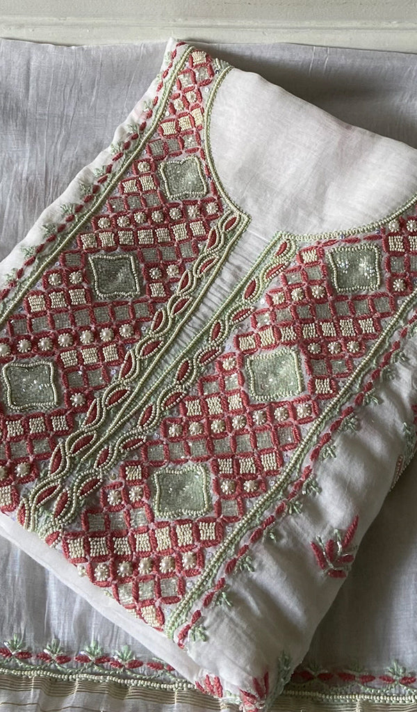 Rashi Women's Lakhnavi Handcrafted Mul Chanderi Unstitched Kurta And Dupatta Set - HONC0355685