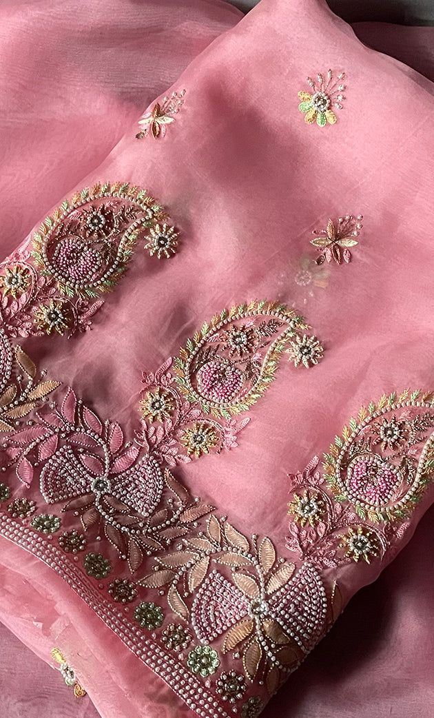 Women's Lakhnavi Handcrafted Pure Organza Silk Chikankari Unstitched Full Suit Material - HONC0267232